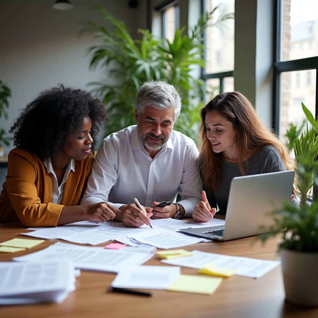 Equipo de redacción revisando artículos e informes en una mesa de trabajo compartida
