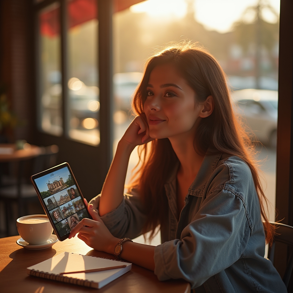 Persona joven observando publicaciones de estilo de vida en una tablet sentada en una cafetería