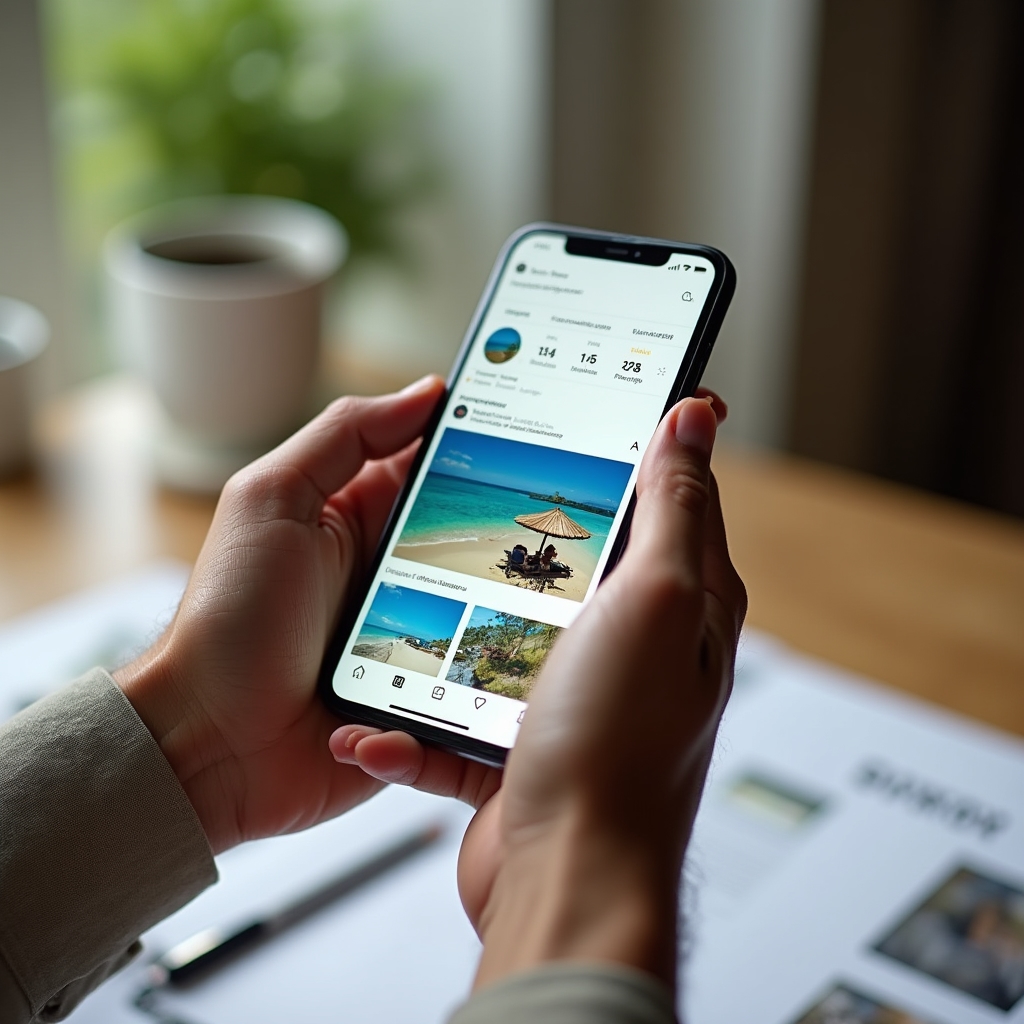 Mano sosteniendo un teléfono con fotografías de viaje en una aplicación de red social